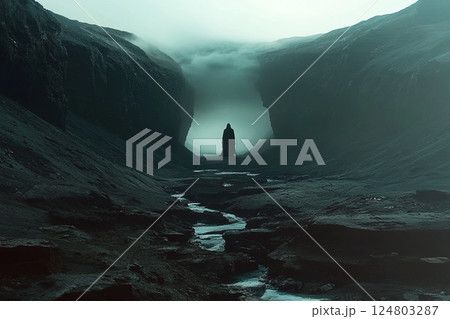 A lone silhouette of a man stands in a vast, cavernous desert landscape, evoking themes of solitude, exploration, and mystery in an otherworldly environment A lone silhouette of a man stands in a vast, cavernous desert landscape, evoking themes of solitude, exploration, and mystery in an otherworldly environment 124803287