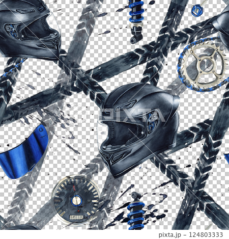 Helmet, chain, blue visor, speedometer, shock absorber and motorcycle tire tracks seamless pattern. Biker Moto gear. Watercolor Illustration isolated on white background with black splatters Helmet, chain, blue visor, speedometer, shock absorber and motorcycle tire tracks seamless pattern. Biker Moto gear. Watercolor Illustration isolated on white background with black splatters 124803333