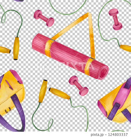 Fitness equipment Jump rope, yoga mat, dumbbells and sport bag seamless pattern. Bright watercolor illustration isolated on white background. For packaging sportswear, box, textile, certificates 124803337