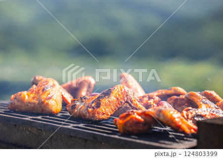 Spicy chicken wings grilling on a summer barbecue with hot flames, BBQ, outdoor 124803399