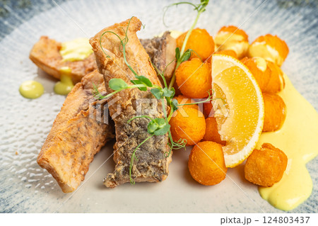 Fish and chips, British Traditional fried fish, Food recipe background. Close up. top view 124803437