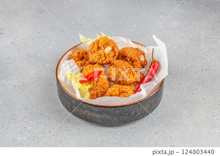 Fried Mozzarella Cheese Balls from the hot air fryer oven. appetizer on a light background, top view. copy space 124803440