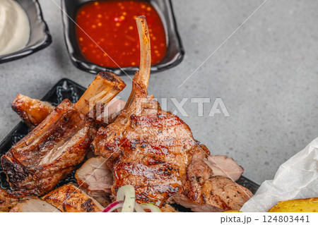 Grilled beef barbecue Veal ribs steak. Delicious juicy meat on the bone or rack. copy space Grilled beef barbecue Veal ribs steak. Delicious juicy meat on the bone or rack. copy space 124803441
