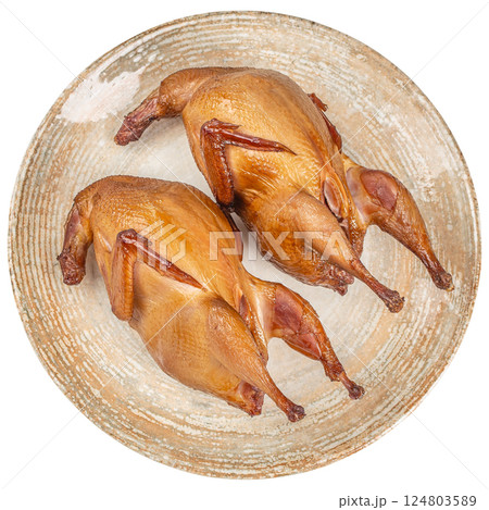 Delicious fried quail on plate isolated on white background. top view Delicious fried quail on plate isolated on white background. top view 124803589