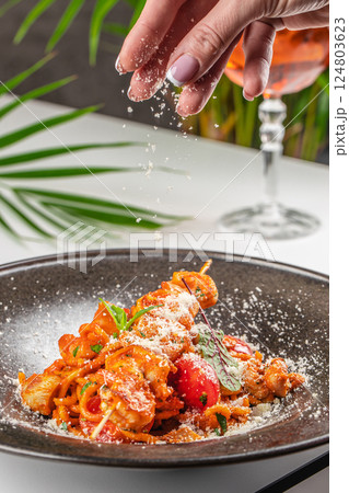 Pasta spicy tomato sauce with shrimp. Seafood, top view, copy space Pasta spicy tomato sauce with shrimp. Seafood, top view, copy space 124803623