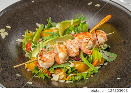 Shrimp salad with avocado, green leaf mix salad, Menu, recipe mock up, banner. copy space for text. top view 124803668