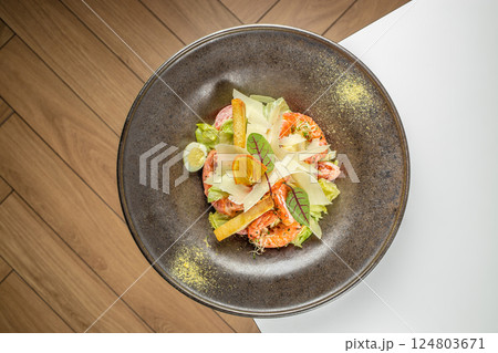 Caesar salad with shrimp, Shrimp Salad Seafood, top view, copy space Caesar salad with shrimp, Shrimp Salad Seafood, top view, copy space 124803671