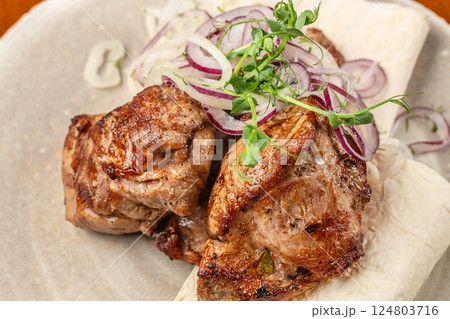 delicious grilled meat. Restaurant menu, dieting, cookbook recipe top view delicious grilled meat. Restaurant menu, dieting, cookbook recipe top view 124803716