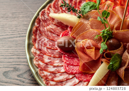 Meat antipasto platter salami, sliced ham, sausage, prosciutto. Top view 124803728