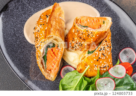 Salmon fillet on leek, baked in puff pastry with creamy sauce and salad. Salmon Wellington Salmon fillet on leek, baked in puff pastry with creamy sauce and salad. Salmon Wellington 124803733