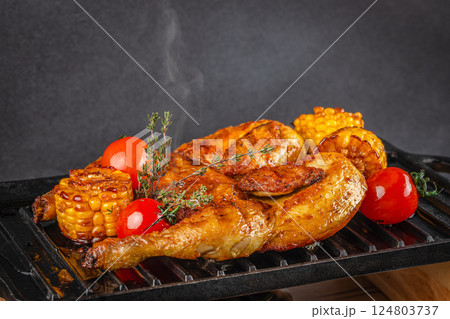 Grilled fried roast Chicken Tobacco on grill. Georgian dish on a dark background. copy space 124803737