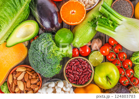 Healthy vegan vegetarian food clean eating. Set of Food supermarket. Fresh vegetables, fruits and seeds 124803783