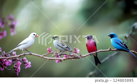 Four vibrant birds of different species are perched on a flowering branch. The scene showcases their diverse colors against a blurred green background, radiating tranquility. 124803895