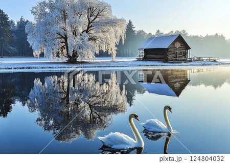 Two swans glide gracefully across a still lake, reflecting the frosty tree and a rustic cabin. It is a peaceful winter morning with a serene atmosphere and beautiful icy scenery. 124804032