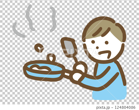 一名年輕男子用煎鍋煮飯(上半身) 一名年輕男子用煎鍋煮飯(上半身) 124804086