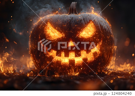 Halloween Jack-o'-Lantern: Fiery Glow with Intense Atmosphere for Holiday Design Generative AI 124804240