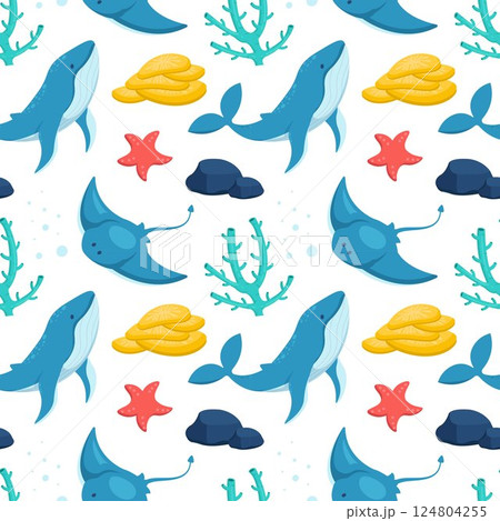 Seamless Ocean Pattern Design Featuring Decorative Marine Life Elements in a Cartoon Flat Style Illustration Template 124804255