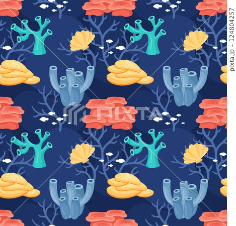 Seamless Ocean Pattern Design Featuring Decorative Marine Life Elements in a Cartoon Flat Style Illustration Template Seamless Ocean Pattern Design Featuring Decorative Marine Life Elements in a Cartoon Flat Style Illustration Template 124804257