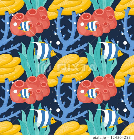 Seamless Ocean Pattern Design Featuring Decorative Marine Life Elements in a Cartoon Flat Style Illustration Template Seamless Ocean Pattern Design Featuring Decorative Marine Life Elements in a Cartoon Flat Style Illustration Template 124804258