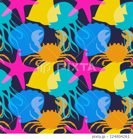 Seamless Ocean Pattern Design Featuring Decorative Marine Life Elements in a Cartoon Flat Style Illustration Template Seamless Ocean Pattern Design Featuring Decorative Marine Life Elements in a Cartoon Flat Style Illustration Template 124804261