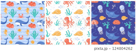 Seamless Ocean Pattern Design Featuring Decorative Marine Life Elements in a Cartoon Flat Style Illustration Template Seamless Ocean Pattern Design Featuring Decorative Marine Life Elements in a Cartoon Flat Style Illustration Template 124804262
