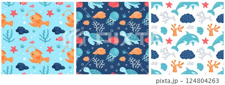 Seamless Ocean Pattern Design Featuring Decorative Marine Life Elements in a Cartoon Flat Style Illustration Template Seamless Ocean Pattern Design Featuring Decorative Marine Life Elements in a Cartoon Flat Style Illustration Template 124804263