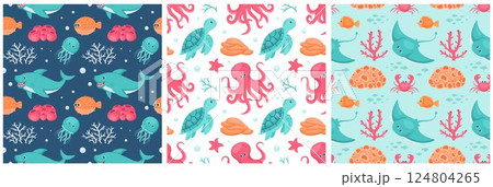 Seamless Ocean Pattern Design Featuring Decorative Marine Life Elements in a Cartoon Flat Style Illustration Template 124804265