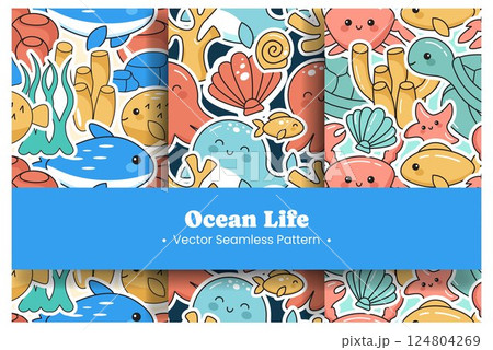 Seamless Ocean Pattern Design Featuring Decorative Marine Life Elements in a Cartoon Flat Style Illustration Template 124804269