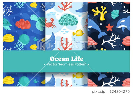 Seamless Ocean Pattern Design Featuring Decorative Marine Life Elements in a Cartoon Flat Style Illustration Template Seamless Ocean Pattern Design Featuring Decorative Marine Life Elements in a Cartoon Flat Style Illustration Template 124804270