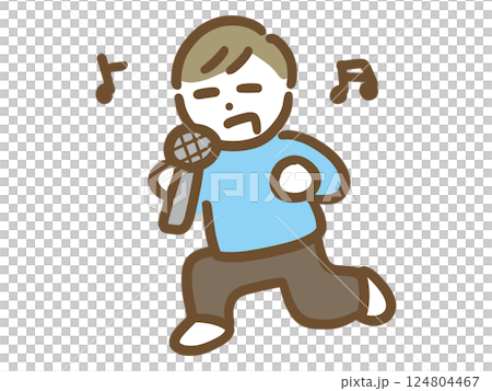 A young man in casual clothes holding a microphone singing passionately (full body) 124804467