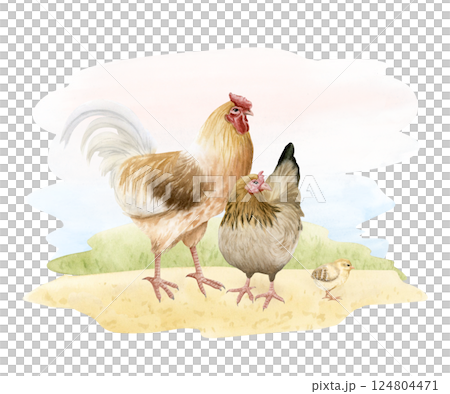 Watercolor chicken family with rooster, mother hen and baby chick isolated illustration. Outdoor poultry yard birds grazing in nature farm design. Realistic fowl landscape clipart for organic goods 124804471
