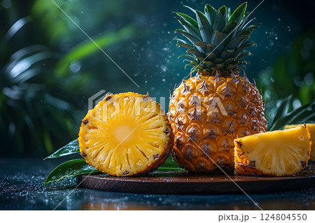 Fresh Pineapple Showcase with Sliced Pieces on Tropical Background Generative AI 124804550