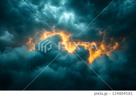 Dramatic Sky with Illuminated Clouds at Sunset - Nature's Contrast Theme for Artistic Backgrounds Generative AI 124804581