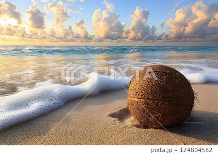 Scenic Beach Sunrise with Coconut on Sand - Perfect for Summer Travel Posters Generative AI 124804582