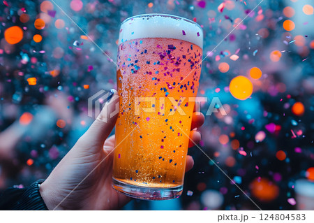 Festive Celebration with Sparkling Beer in Hand Amidst Lively Confetti Background Generative AI 124804583