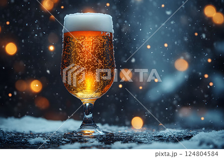Festive Winter Beverage with Frosty Glass and Sparkling Bokeh Lighting Generative AI 124804584