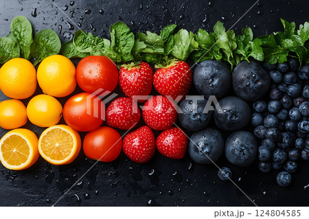 Vibrant Fresh Fruit Assortment with Citrus, Berries, and Mint on Dark Background for Food Photography Generative AI 124804585