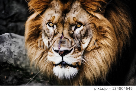 A captivating close-up of a lions face, showcasing its intense expression as it snarls slightly, with a glowing aura highlighting the power and majesty of this magnificent predator 124804649