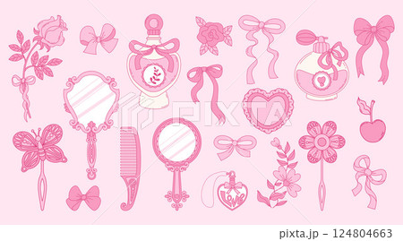 Vintage Pink Coquette Beauty Accessories set. Bottle Perfume, Ribbon Bow, Mirror, Comb, Flower, Pendant Heart and Hair Clip. Romantic Girly Vibe. Vector illustration. Isolated Trendy Aesthetic Element 124804663