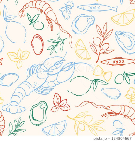 Vector pattern of seafood shrimps, oysters, lobster, lemons, and olives. Mediterranean Dolce Vita style vintage illustrations for food, suitable for restaurant and marine cafe menus. Doodles print 124804667