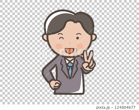 一位中年男性商人的上半身做出和平手勢並眨眼的插圖 124804677
