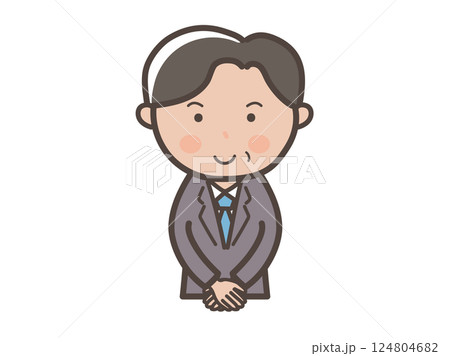 接客ポーズで出迎える中年の男性ビジネスマンの上半身イラスト 124804682