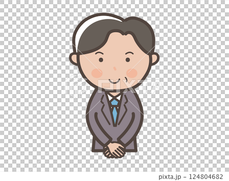 接客ポーズで出迎える中年の男性ビジネスマンの上半身イラスト 124804682