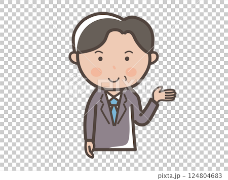 説明や案内をする中年の男性ビジネスマンの上半身イラスト 説明や案内をする中年の男性ビジネスマンの上半身イラスト 124804683