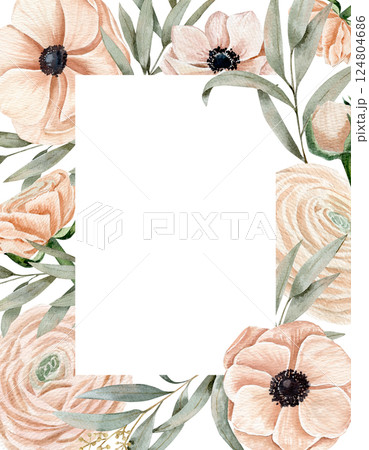 Watercolor card template with anemones, ranunculus on a pink peach color, different branches on a savage color Watercolor card template with anemones, ranunculus on a pink peach color, different branches on a savage color 124804686