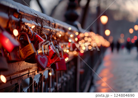 Padlock in shape of a heart on a fence among many other padlocks. Valentines Day, love and relationship concept. Generative Ai 124804690