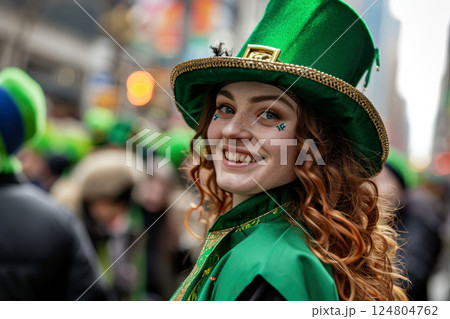 woman on happy saint patrick's day parade .Generative AI woman on happy saint patrick's day parade .Generative AI 124804762