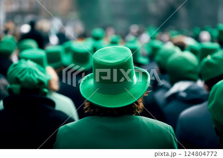 people group wearing green hat on happy saint patrick's day parade .Generative AI 124804772
