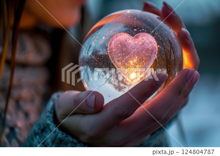 woman holding heart in valentine's day, sunset in the background. Generative AI 124804787