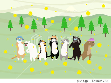 草原でくしゃみをする猫と杉花粉の風景 124804788